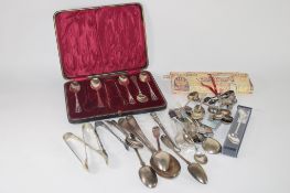 BOX CONTAINING SILVER PLATED SPOONS, TOGETHER WITH A BOXED SET OF SILVER TEA SPOONS WITH AN ART DECO