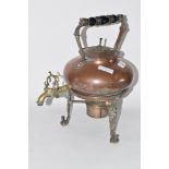 COPPER KETTLE ON STAND WITH WOODEN HANDLE