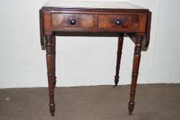 VICTORIAN SMALL FOLDING SIDE TABLE WITH TWO DRAWERS BENEATH RAISED ON TURNED LEGS, WIDTH APPROX