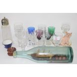 QUANTITY OF SMALL GLASSES AND CERAMIC ITEMS AND A SUGAR SIFTER WITH SILVER PLATED TOP