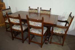 HEAVY REFECTORY TYPE DINING TABLE TOGETHER WITH A SET OF SIX CHAIRS COMPRISING FOUR CHAIRS AND TWO