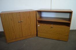 PAIR OF TEAK EFFECT SIDE CABINETS, EACH APPROX 82CM