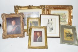 BAG CONTAINING VARIOUS PICTURES IN GILT FRAMES, PORTRAITS ETC