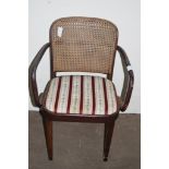 SMALL CANE BACKED UPHOLSTERED BENTWOOD ARMCHAIR, HEIGHT APPROX 91CM