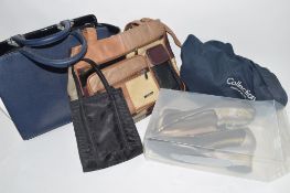 BOX OF VARIOUS ITEMS INCLUDING LEATHER HANDBAG