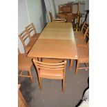 RETRO STYLE OAK EFFECT EXTENDING DINING TABLE AND SET OF SIX CHAIRS, TABLE LENGTH APPROX 130CM