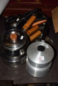 WOODEN HANDLED COOKING UTENSILS, SAUCEPANS ETC