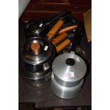 WOODEN HANDLED COOKING UTENSILS, SAUCEPANS ETC