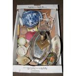BOX OF CERAMIC ITEMS INCLUDING BLUE AND WHITE VASE AND METAL SERVING DISH AND COVER ETC