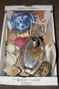 BOX OF CERAMIC ITEMS INCLUDING BLUE AND WHITE VASE AND METAL SERVING DISH AND COVER ETC