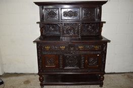 REPRODUCTION COURT CUPBOARD, HEAVILY CARVED, WIDTH APPROX 131CM