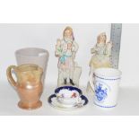 TWO CERAMIC FIGURES, POTTERY JUG AND A VASE, CUP AND SAUCER