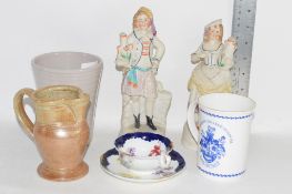 TWO CERAMIC FIGURES, POTTERY JUG AND A VASE, CUP AND SAUCER