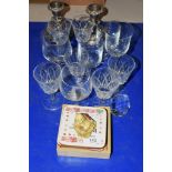 GLASS WARES, TABLE MATS AND PAIR OF PLATED CANDLESTICKS