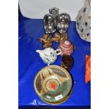 METAL WARES AND CERAMIC ITEMS INCLUDING AN ORIENTAL GINGER JAR AND COVER AND CHROME MODEL OF THE