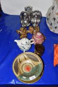 METAL WARES AND CERAMIC ITEMS INCLUDING AN ORIENTAL GINGER JAR AND COVER AND CHROME MODEL OF THE