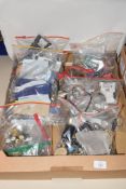 LARGE BOX CONTAINING BAGS OF COSTUME JEWELLERY AND BAG OF METAL WARES AND SILVER PLATE