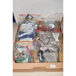 LARGE BOX CONTAINING BAGS OF COSTUME JEWELLERY AND BAG OF METAL WARES AND SILVER PLATE