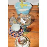 GLASS WARES AND CERAMICS INCLUDING A BUTTER DISH AND COVER, IMARI STYLE CUP AND SAUCER