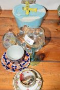 GLASS WARES AND CERAMICS INCLUDING A BUTTER DISH AND COVER, IMARI STYLE CUP AND SAUCER