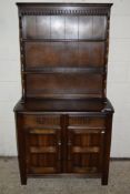 SMALL OAK EFFECT REPRODUCTION DRESSER WITH CARVED DECORATION, WIDTH APPROX 92CM