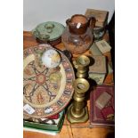 CERAMIC ITEMS INCLUDING A DOULTON TYPE HARVEST WARE JUG, PAIR OF BRASS CANDLESTICKS ETC