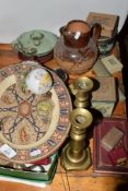 CERAMIC ITEMS INCLUDING A DOULTON TYPE HARVEST WARE JUG, PAIR OF BRASS CANDLESTICKS ETC