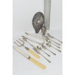 PLASTIC BAG CONTAINING SILVER AND SILVER PLATED ITEMS INCLUDING GEORGIAN SILVER SUGAR TONGS,