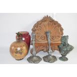 CERAMICS AND METAL WARES INCLUDING BUST OF A ROMAN EMPEROR, PAIR OF ART NOUVEAU STYLE METAL