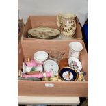 TWO BOXES OF MIXED CERAMICS INCLUDING PINK GROUND CANDLESTICK, DRESDEN TWO-HANDLED DISH, WEDGWOOD