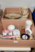 TWO BOXES OF MIXED CERAMICS INCLUDING PINK GROUND CANDLESTICK, DRESDEN TWO-HANDLED DISH, WEDGWOOD