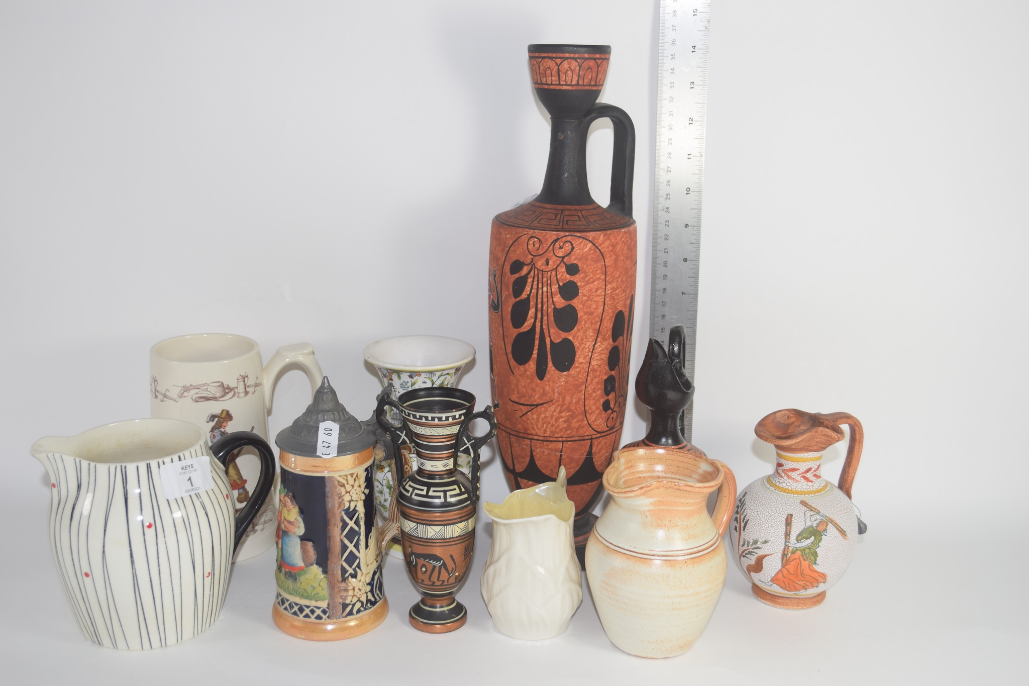 CERAMIC JUGS AND VASES INCLUDING A BELLEEK JUG AND A KIRKHAM POTTERY JUG