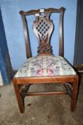 OAK CHIPPENDALE STYLE DINING CHAIR, STRIPED UPHOLSTERED SEAT, APPROX 97CM HIGH