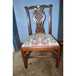OAK CHIPPENDALE STYLE DINING CHAIR, STRIPED UPHOLSTERED SEAT, APPROX 97CM HIGH