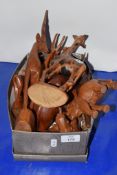 BOXED SET OF WOODEN CARVED ANIMALS, GIRAFFE, ANTELOPE ETC