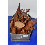 BOXED SET OF WOODEN CARVED ANIMALS, GIRAFFE, ANTELOPE ETC