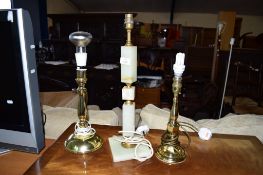 ONYX LAMP BASE, TOGETHER WITH TWO VARIOUS BRASS EXAMPLES