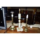 ONYX LAMP BASE, TOGETHER WITH TWO VARIOUS BRASS EXAMPLES