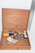 WOODEN BOX CONTAINING SEWING ITEMS