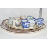 CERAMIC ITEMS INCLUDING LARGE SERVING DISHES, BLUE AND WHITE CUPS, MUGS ETC