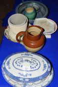 CERAMIC ITEMS INCLUDING A LARGE BROWN GLAZED JUG, LARGE TUREEN AND COVER WITH STAND