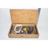 WOODEN BOX CONTAINING KEYS, SOME CAR KEYS AND OTHER ITEMS
