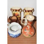 CERAMIC ITEMS, BLUE AND WHITE JUG, DOULTON STYLE JUG AND PAIR OF VASES