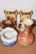 CERAMIC ITEMS, BLUE AND WHITE JUG, DOULTON STYLE JUG AND PAIR OF VASES