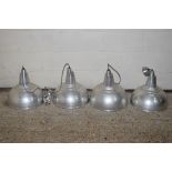 SET OF FOUR BRUSHED STEEL INDUSTRIAL STYLE PENDANT LIGHT FITTINGS, EACH APPROX 40CM DIAM