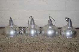 SET OF FOUR BRUSHED STEEL INDUSTRIAL STYLE PENDANT LIGHT FITTINGS, EACH APPROX 40CM DIAM