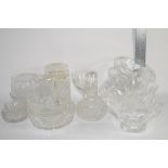 GLASS WARE BOWLS AND VINEGAR BOTTLE AND STOPPER AND JAR AND STOPPER