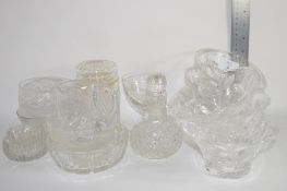 GLASS WARE BOWLS AND VINEGAR BOTTLE AND STOPPER AND JAR AND STOPPER