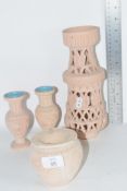 POTTERY ITEMS INCLUDING TWO SMALL VASES, POTTERY ASH TRAY AND BOWL