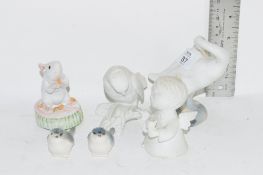 CERAMIC ITEMS INCLUDING LLADRO MODEL OF A DUCK, MODEL OF A MOUSE AND TWO MINIATURE MODELS OF BIRDS